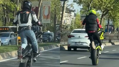 Olay Sarıyer Maslak'ta yaşandı. Motosikletli grup, tek tekerlek üzerinde giderek