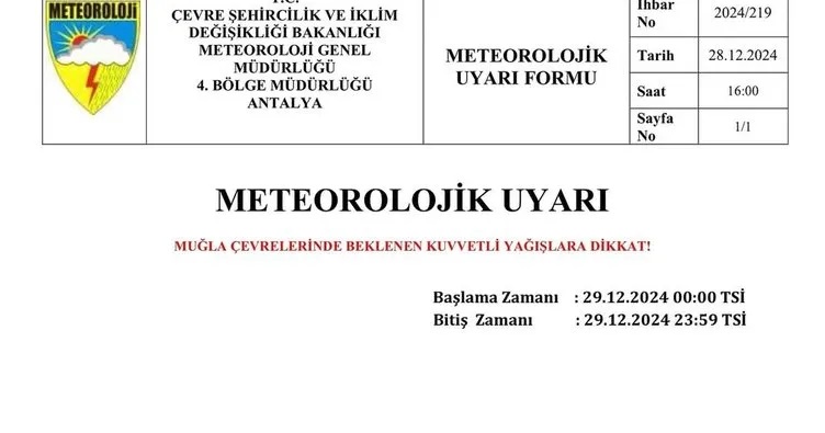 Muğla Valiliği, sosyal medya hesabından yaptığı açıklamada Meteoroloji Genel Müdürlüğü’nün