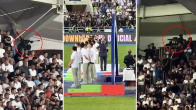 Özbekistan Cumhurbaşkanı Şevket Mirziyoyev, bir futbol stadyumunda katıldığı ödül töreninde