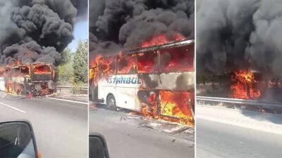 Mersin'in Tarsus ilçesinde hareket halindeyken alev alan yolcu otobüsü yandı.
