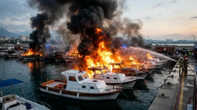 Gece saatlerinde Antalya Balıkçı Barınağı'nda çıkan yangında 20'den fazla tekne