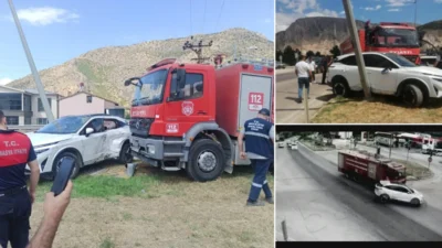 Helvacı Kavşağı’nda meydana gelen kazada, itfaiye aracı ve bir otomobil