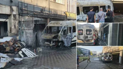İkitelli'de sanayi sitesinde park halindeki minibüste çıkan yangın, dükkana sıçradı.