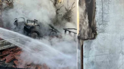 Bursa'nın İnegöl ilçesinde bir bağ evinde çıkan yangın, traktör ve