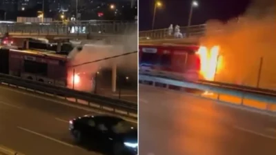 Kağıthane'de bir metrobüs, motor kısmından çıkan alevlerle paniğe yol açtı.