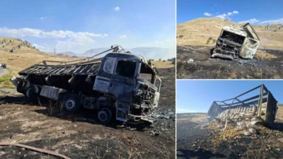 Afyonkarahisar'da bir kamyonun balatalarından çıkan alevler, hem aracı hem de
