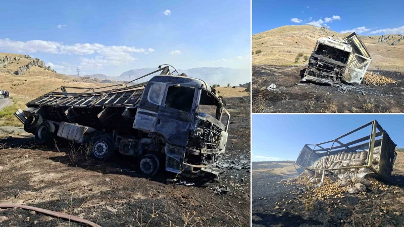 Afyonkarahisar'da bir kamyonun balatalarından çıkan alevler, hem aracı hem de