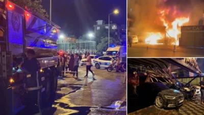 Antalya'nın Kepez ilçesinde oto galeride çıkan yangın, 4 araca ve