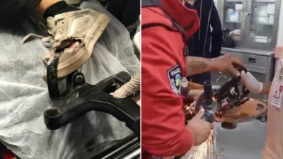 Ayvalık'ta meydana gelen motosiklet kazasında sürücünün ayağına demir parçası saplandı.