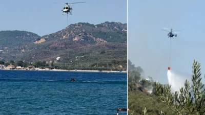 Çanakkale'nin Ayvacık ilçesinde zeytinlik alanda çıkan yangına ekipler havadan ve