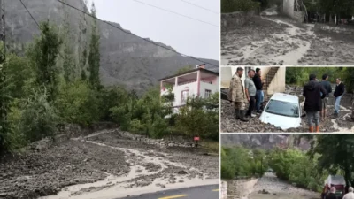 Uzundere'de etkili olan sağanak yağış sonrası oluşan sel, ulaşımda büyük