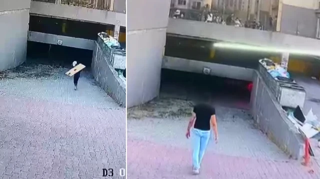 Esenyurt'ta çıkan yangının öncesine ait görüntülerde, iki çocuğun otoparka kartonla