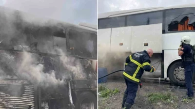 Samsun-Ankara karayolu üzerinde bir yolcu otobüsünde çıkan yangın paniğe neden