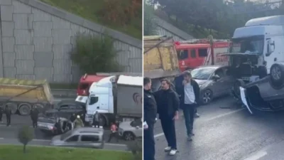 İstanbul Bağcılar'da meydana gelen zincirleme trafik kazasında hafriyat kamyonu ile