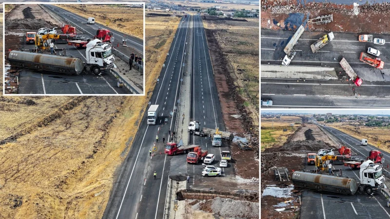 Diyarbakır'da zift yüklü bir tanker devrildi. Kazanın ardından Diyarbakır-Şanlıurfa yolu