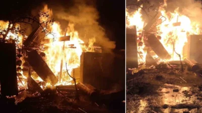 Artvin'in Şavşat ilçesinde bir samanlıkta başlayan yangın, hızla ev ve