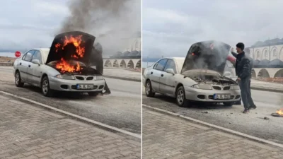 Adıyaman'da seyir halindeyken motor kısmından alev alan otomobil, itfaiye ekiplerinin