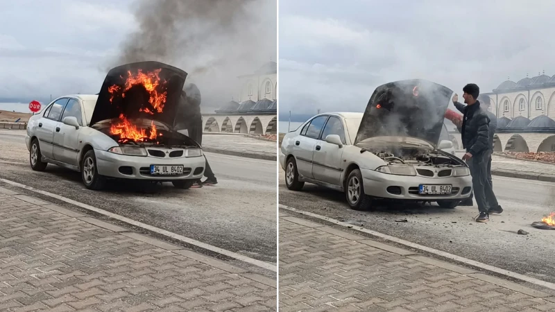 Adıyaman'da seyir halindeyken motor kısmından alev alan otomobil, itfaiye ekiplerinin