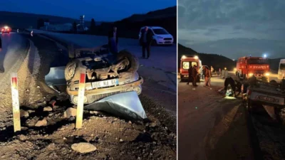 İskilip-Çorum kara yolunda meydana gelen kazada devrilen otomobil hurdaya dönerken,
